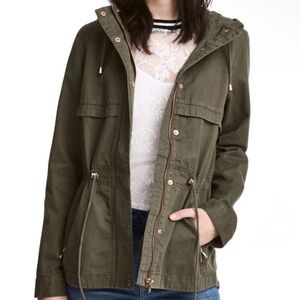 St. John's Bay Utility Jacket in Forest Green Gold Zipper Anorak Hooded Size M